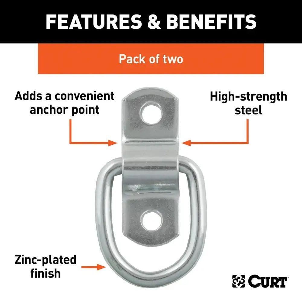 CURT 1-in x 1-1/4-in Surface-Mounted Tie-Down D-Rings, 1200-lb, 2-pk