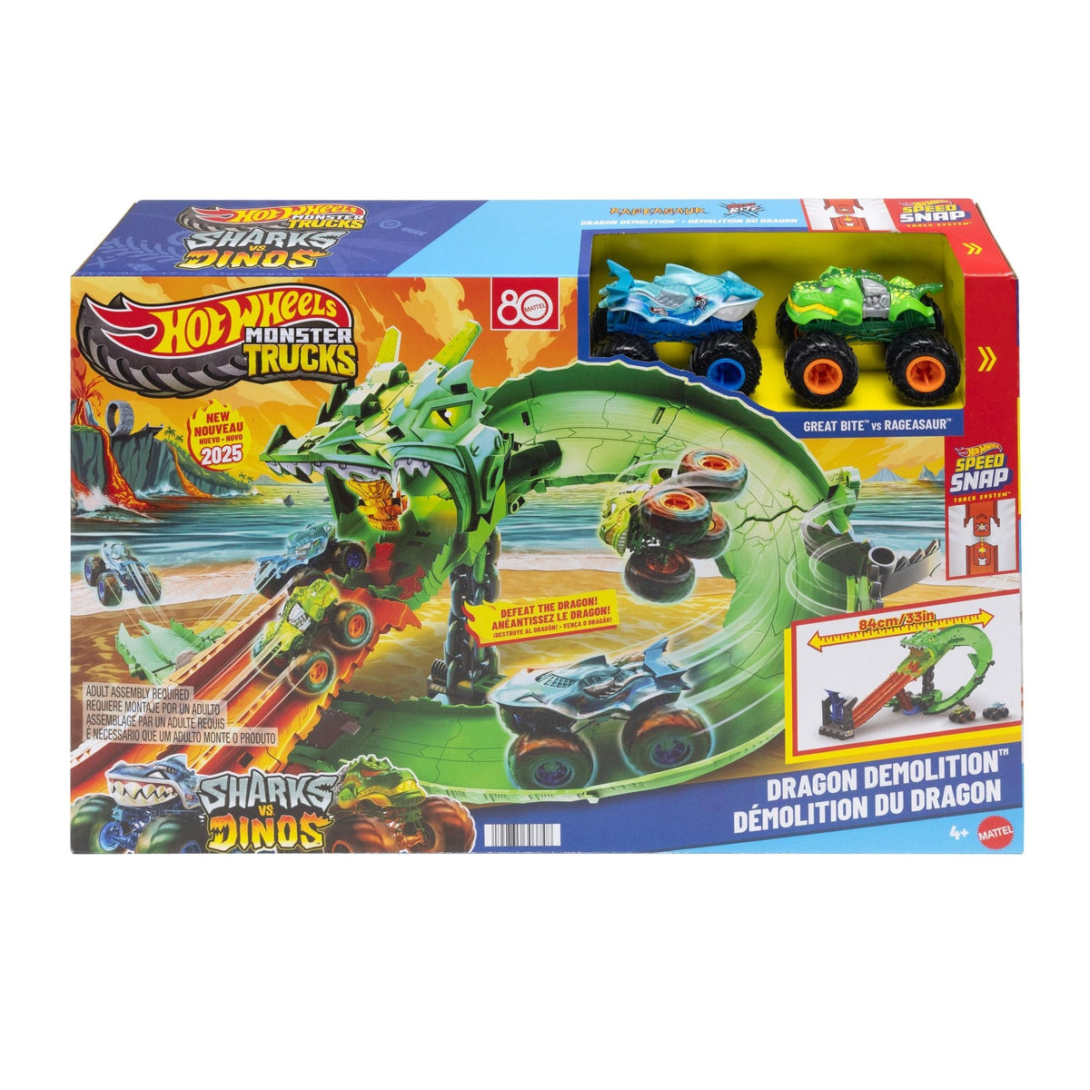 Hot Wheels Sharks vs. Dinos Dragon Destruction Playset with 2 1:64 Hot Wheels Monster Trucks