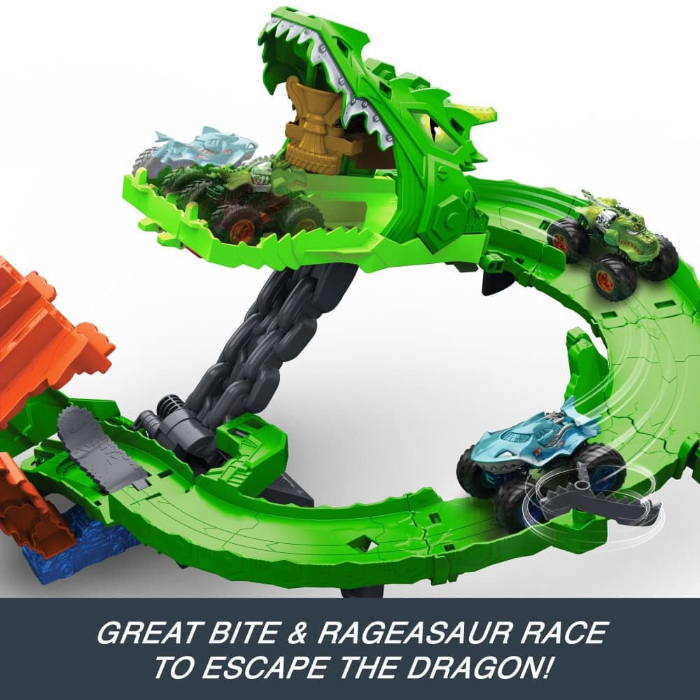 Hot Wheels Sharks vs. Dinos Dragon Destruction Playset with 2 1:64 Hot Wheels Monster Trucks