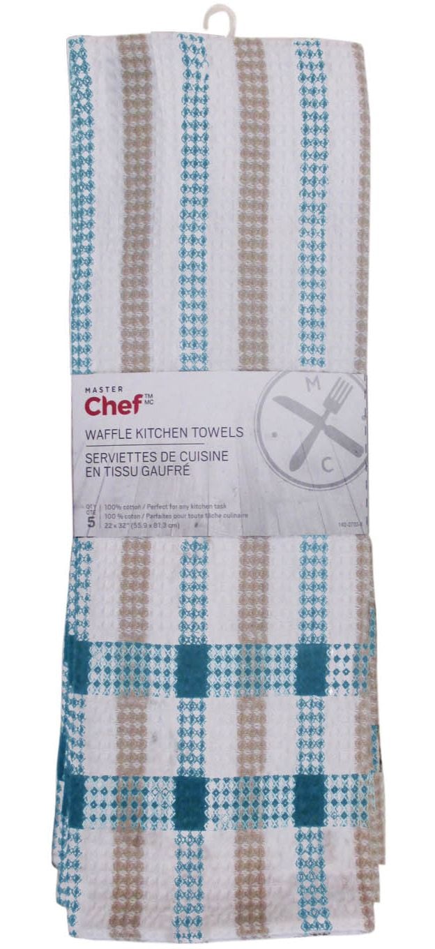 MASTER Chef Cotton Plaid Waffle Kitchen Towels, Reusable, 22-in x 32-in, 5-pk, Assorted Colours