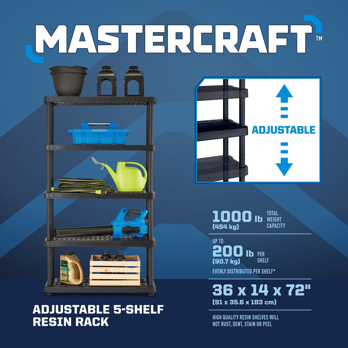 Mastercraft Adjustable 5-Shelf Resin/ Plastic Storage Rack/ Shelving Unit, 36 x 14 x 72-in
