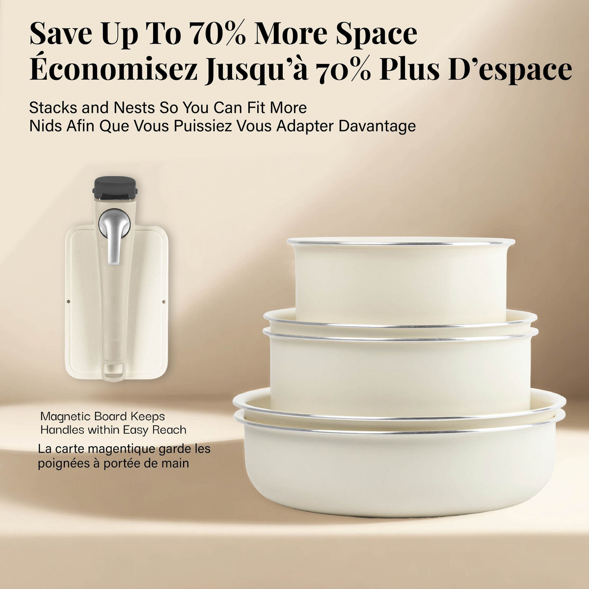 OB Gotham Steel Pots & Pan Set with Removable Handles, Cream, 18-pc