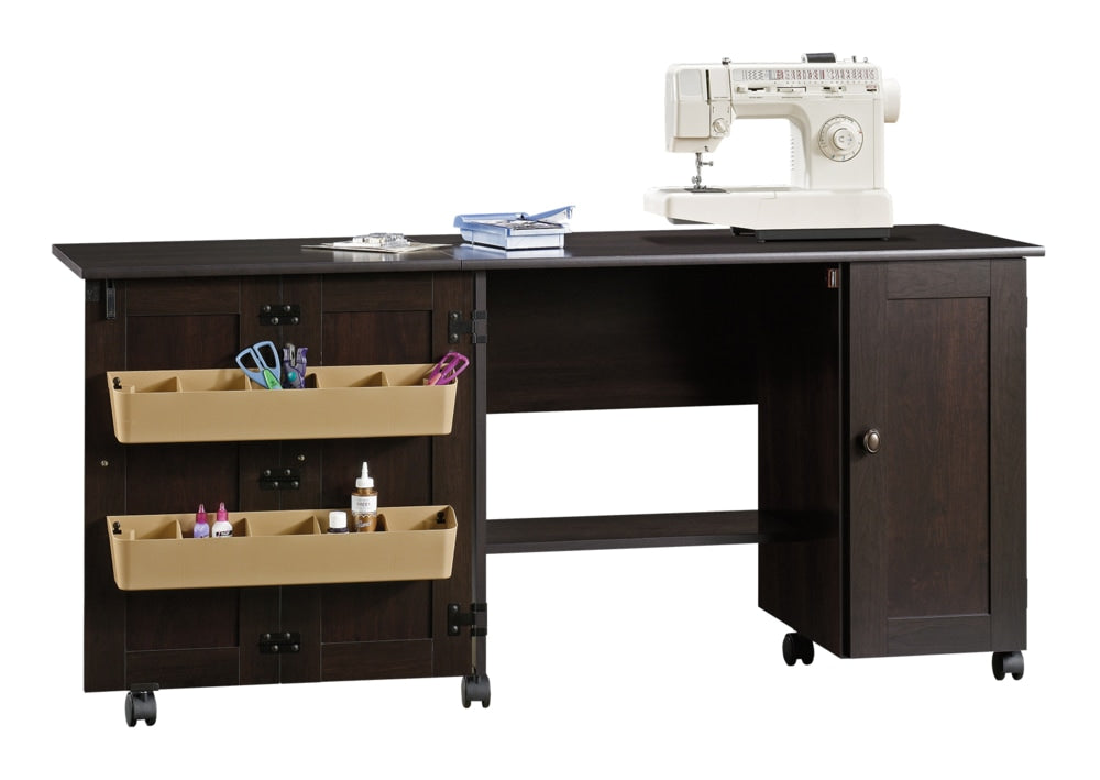 Sauder Folding Sewing & Craft Table/Storage Cart with Locking Wheels, Cinnamon Cherry Finish