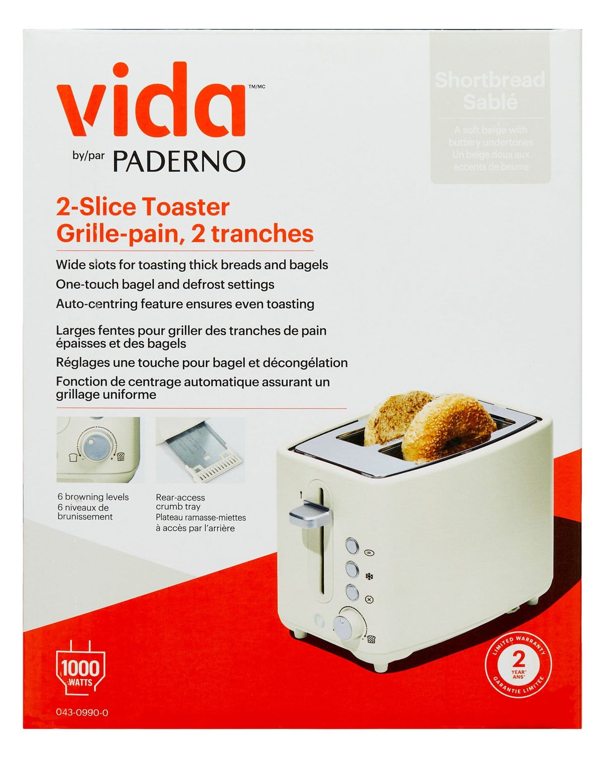 Vida by PADERNO Colour Series 2-Slice Toaster with 3 Settings, Shortbread