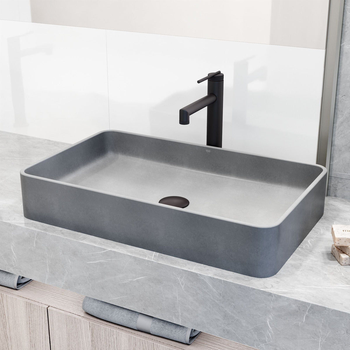 VIGO Basilica Gothic ConcretoStone Grey Bathroom Sink/Basin Set with Sterling Faucet and Rectangular Vessel