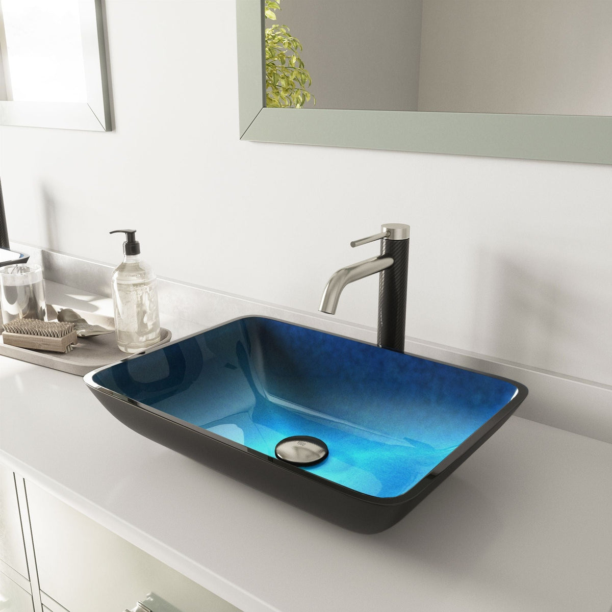 VIGO Glass Turquoise Water Bathroom Sink/Basin Set with Lexington Faucet and Rectangular Vessel