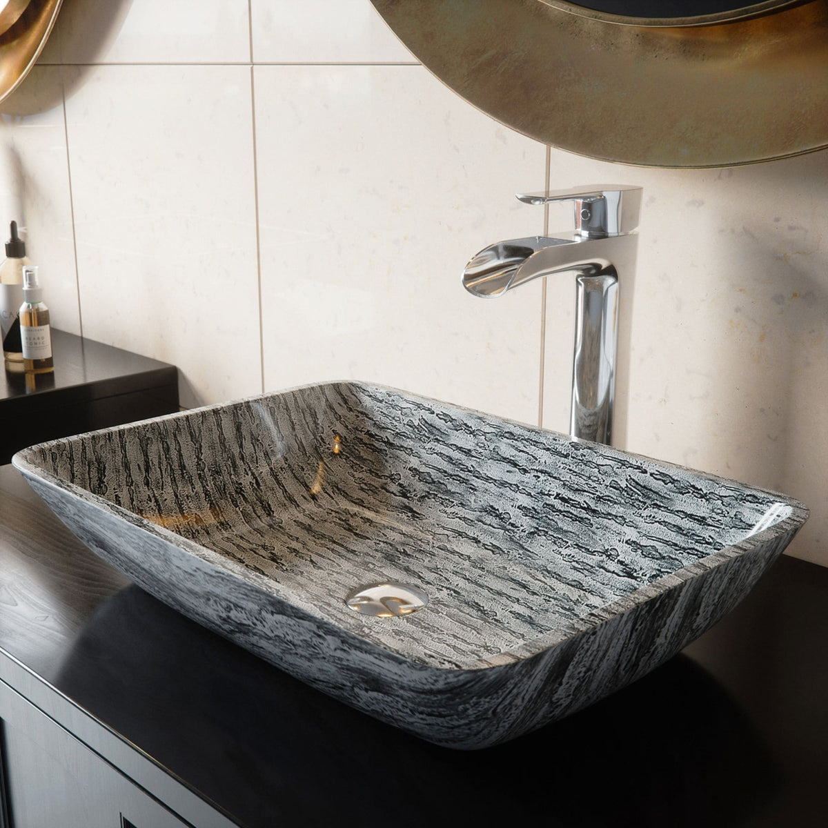 VIGO Titanium Glass Slate Grey Bathroom Sink/Basin Set with Niko Faucet and Rectangular Vessel