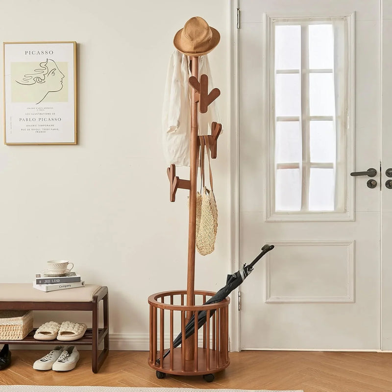 Wood Coat Rack Freestanding - Wooden Coat Tree Hat Rack with 12 Hooks, Clothes Coats Hanger Stand Rolling Racks with Umbrella Holder Wheels for Bedroom Entryway Hallway Livingroom (Walnut) V4