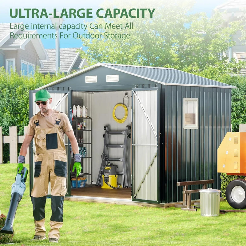 8x6FT Outdoor Steel Storage Shed with Clear Window, Lockable Doors, Weather-Resistant Metal Tool Shed for Garden, Backyard, Patio, and Utility Storage D1