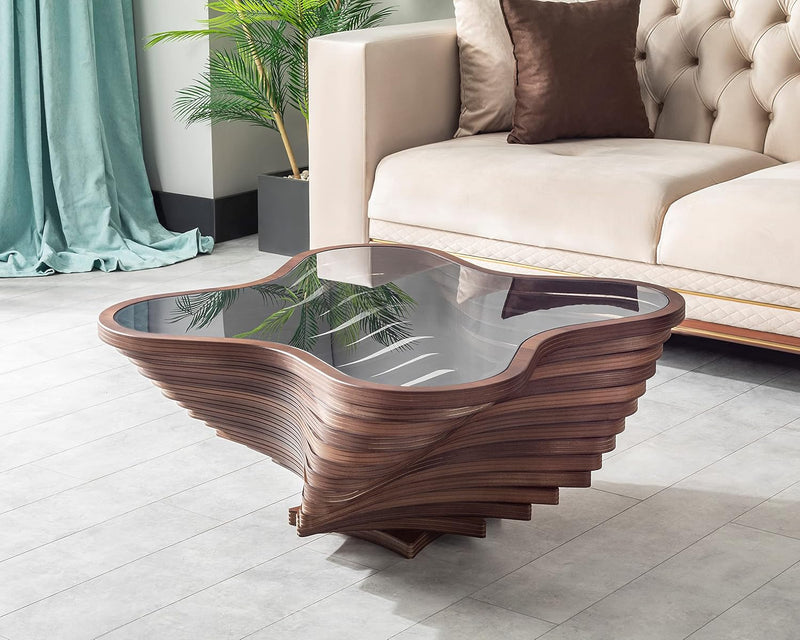 Design a modern coffee table - natural walnut veneer, tempered glass tabletop, layered wave shape, rustic wood, modern living room table, luxurious home and office decoration, central table in the living room. O1