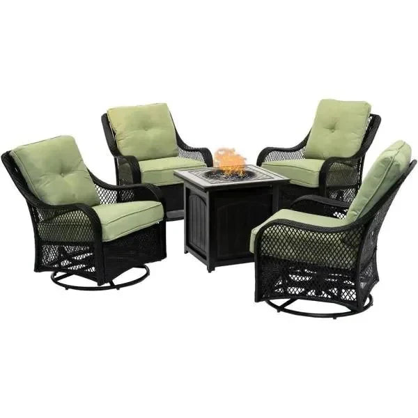 5-Piece Steel Patio Fire Pit Conversation Set with Navy Blue Cushions, Swivel Gliders and Square Fire Pit Table M0