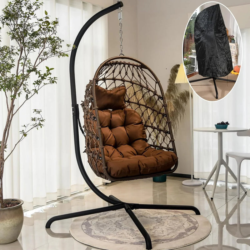 Indoor and outdoor egg-shaped rocking chairs with frames and covers, garden rattan hanging chairs, capacity 450 pounds, with UV-protective cushions, suitable for bedrooms, outdoor balconies, courtyards or living rooms (dark gray) R4