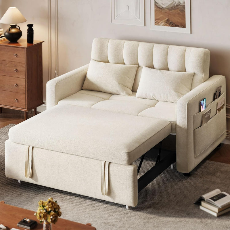 3-in-1 Convertible Sofa Bed, 55" Sleeper Sofa with Pull-Out Bed, Cat-Scratch-Proof Fabric Futon Couch with Adjustable Backrest and Side Pocket, Loveseat for Living Room Apartment, Grey M2