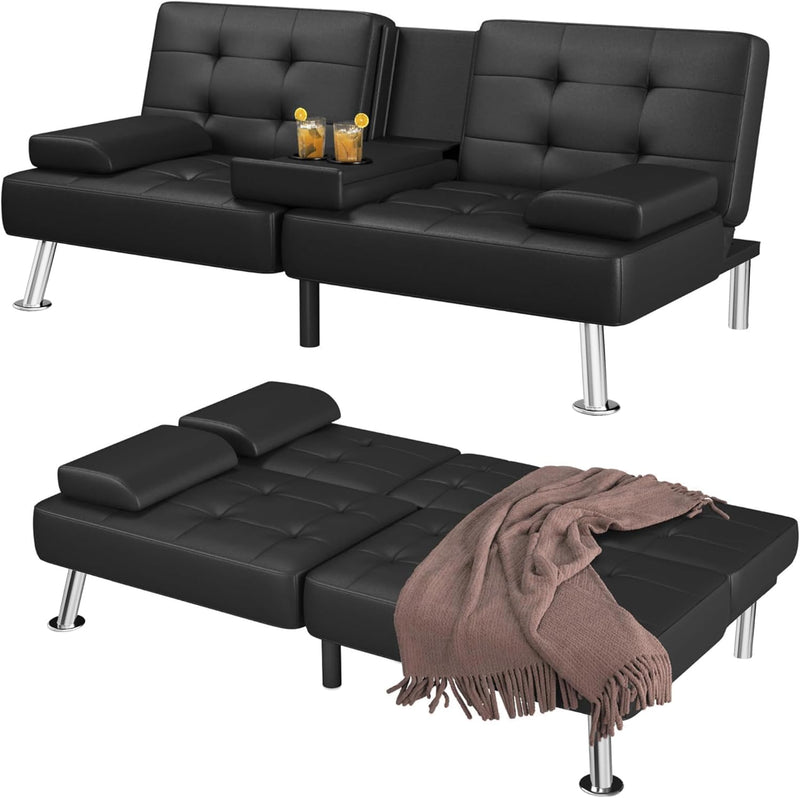 Futon Sofa Bed Convertible Folding Futon Set Modern Recliner Lounge for Small Room & Living Room with 2 Cup Holders, Removable Armrests (Artificial Leather, Black) N1