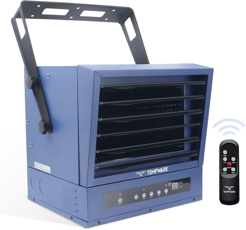 Electric Garage Heater, 7500-Watt Digital Fan-Forced Ceiling Mount Shop Heater with Full-Function Remote, 240-Volt Hardwired 12-Hour Timer, Ideal for Workshop Blue V4