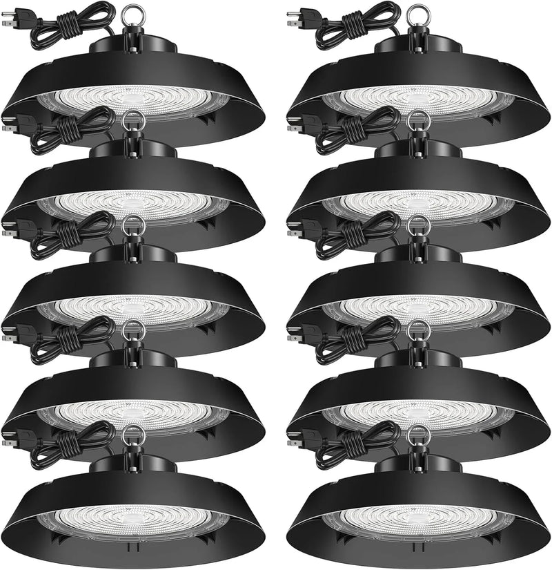 200-watt, 10 sets of UFO lamps, LED ceiling lights, 28,000 lumens, 5000K LED ceiling lights, 5-foot cable, can replace 650-watt metal halide/hot mercury lamps, suitable for gyms, factories, barns and storage areas. L7