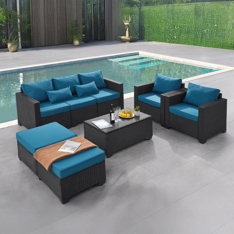 6 Pieces Outdoor Patio Furniture Sets with Furniture Cover, PE Rattan Wicker Patio Conversation Set with Tea Table (Peacock Blue, Rattan Storage Table) T2