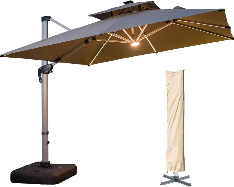 A 10-foot by 10-foot square cantilevered sunshade, equipped with a cross base and canopy, is included - a large heavy-duty outdoor sunshade, 360° rotating offset type, suitable for use in courtyards, backyard of swimming pools, terraces or gardens, i X9