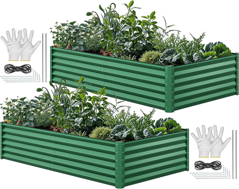 8x4x2ft 2pcs Large Raised Garden Bed Kit, Galvanized Metal Planter Box with Gloves, Ground Nails & Safety Rubber, Outdoor Above Ground Planters for Plants Vegetables Flowers, Green R4