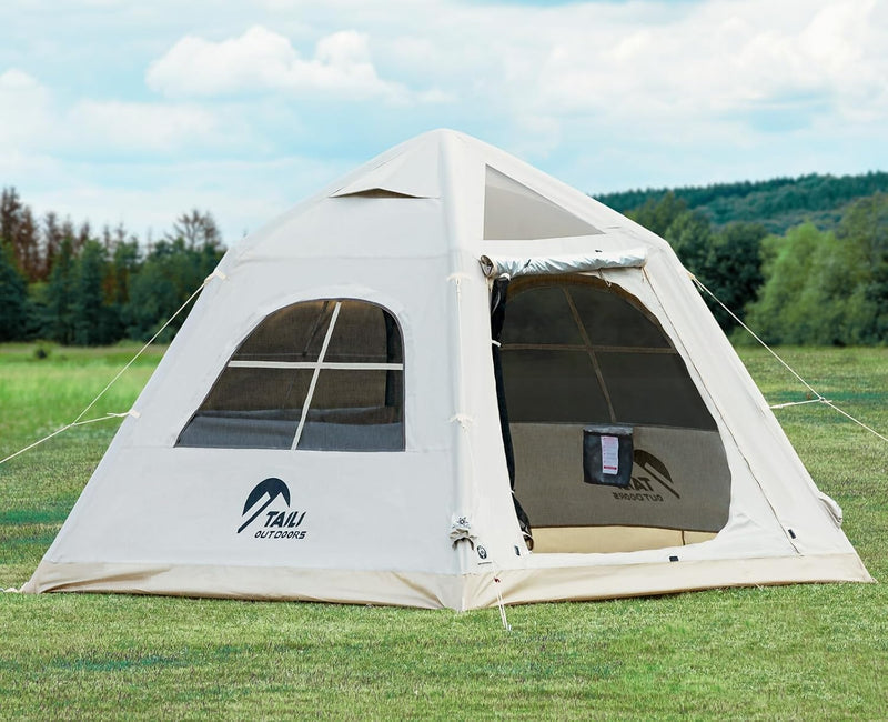 Portable inflatable camping tent, equipped with a manual pump, suitable for 3/4/6 people, easy to set up, suitable for outdoor activities. This inflatable outdoor waterproof Oxford canvas tent is suitable for family camping and is suitable for adults R7