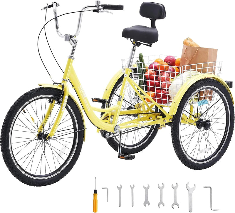 Adult tricycles, 20-inch tricycles, tricycle motorcycles, carbon steel leisure bicycles with baskets and adjustable seats, suitable for elderly, female and male picnic and shopping tricycles (yellow) Q6
