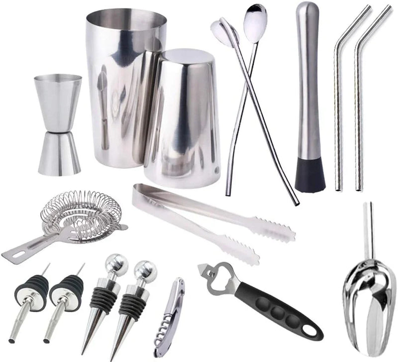17pc Stainless Steel Cocktail Shaker Set Ice Strainer Clip Mixing Spoon Measure Cup Bar Tools Cocktail Set Can Opener Ice Shovel V7