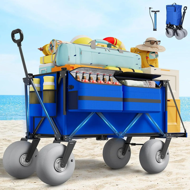 Beach Wagon with Big Wheels for Sand - 450lbs Load Heavy Duty Wagons Carts Foldable with 9" All Terrain Inflatable Tires, Collapsible Beach Cart for Grocery Shopping Garden Sports Camping Outdoor M0