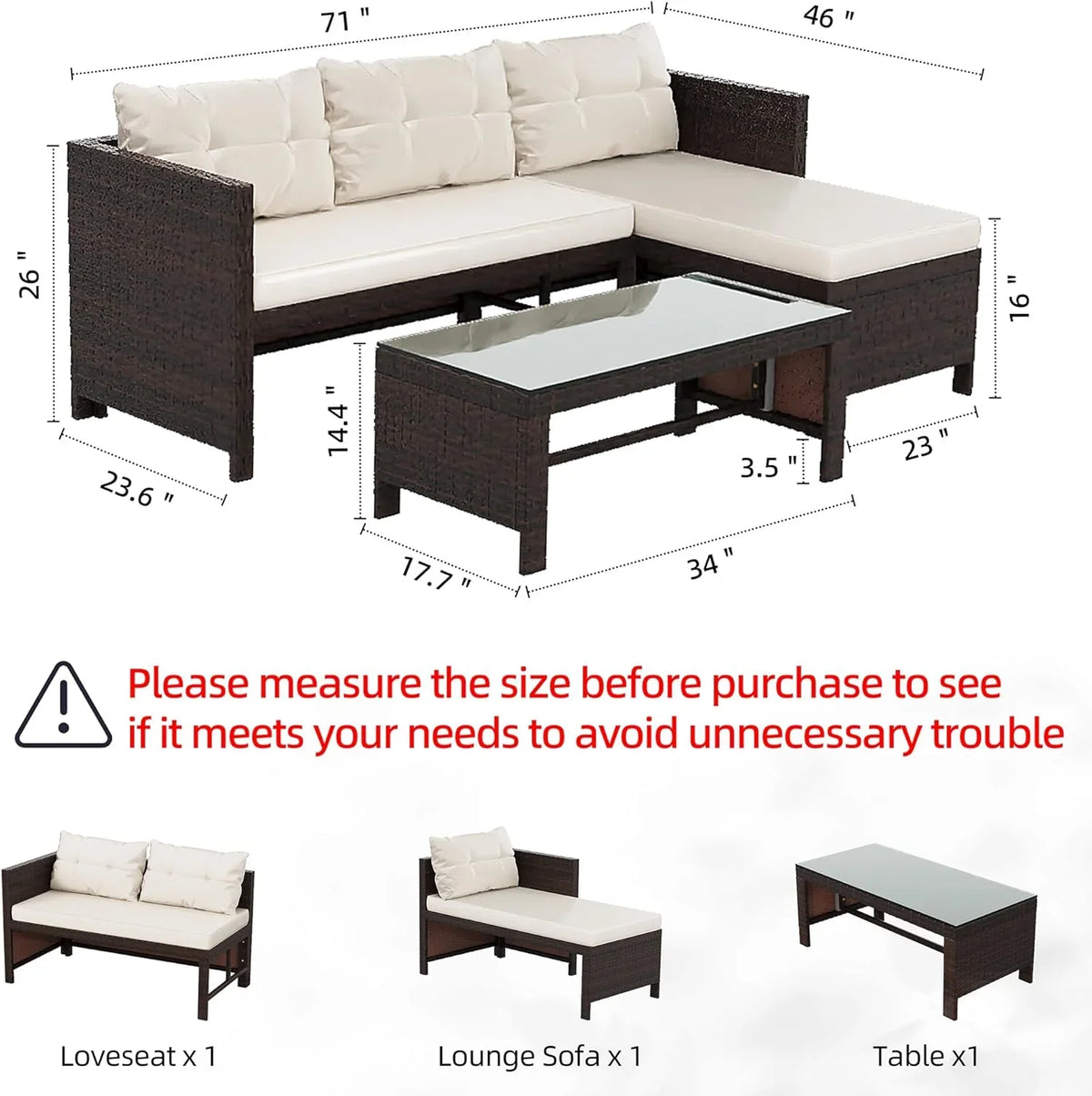 Outdoor Patio Furniture Sets, Wicker Patio sectional Sets 3-Piece, All Weather Wicker Rattan Patio Seating Sofas with Glass Coffee Table and Cushion (Beige)