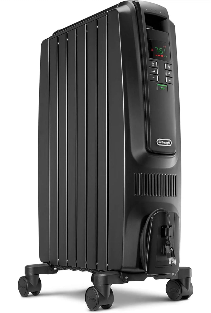 De'Longhi Oil Filled Radiator Space Heater, Quiet 1500W, Adjustable Thermostat, 3 Heat Settings, Timer, Energy Saving, Safety Features, White, Dragon TRD40615EBKCA, Black G7
