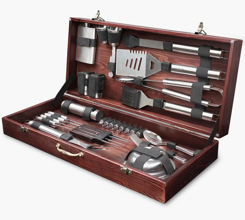 Outdoor Grill Accessories for Barbeque - Outdoor Grill Accessories for Barbeque - Premium Grill Tool Sets - Dark Wood Case Grilling Set - Griddle Accessories Kit - BBQ Gear W3