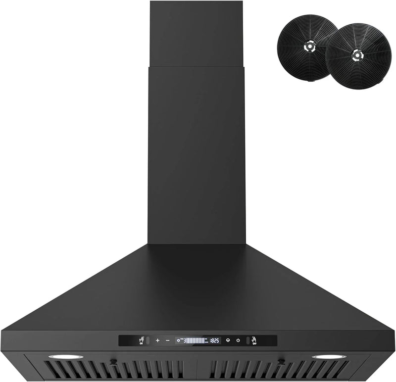 Wall-mounted black kitchen exhaust hood, 30 inches, 900 cubic feet per minute, built-in exhaust duct, three-speed exhaust fan, gesture/touch control, timer function, two baffles filters, stainless steel stove exhaust hood I4