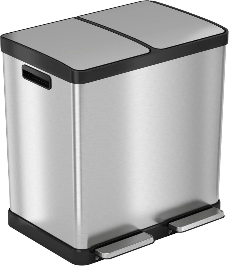 16-gallon contact-free trash and recycling bins, made of stainless steel, with a double compartment design (each compartment holds 8 gallons), suitable for recycling and waste disposal in the kitchen. Z6