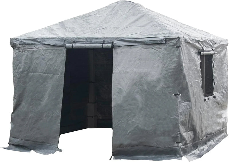 Universal winter tarpaulin, suitable for tall sunshades, used for storing barbecue grills and outdoor furniture, with fireproof and weather-resistant properties, measuring 10 feet by 12 feet, and in gray color. M1