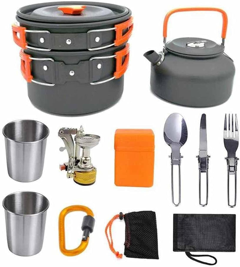 Camping cooking set - picnic cooking pot set - outdoor hiking and barbecue tableware set - camping travel supplies set including frying pan, water jug and stove D5