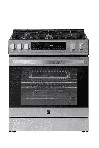 Kenmore 22-76853 5.6 cu. ft. Front-Control 5 Burner True Convection Gas Range with Oven, Large Window, Three Oven Racks, Dishwasher Safe Cast Iron... G1