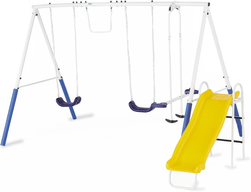 Recreation Blue Ridge Backyard Playground Set Sturdy Metal A Frame Swing with Chain Covers, Glider, Trapeze, 2 Swings, and Slide, Multicolor G2