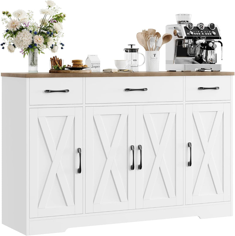 Drawer-equipped buffet-style cabinet, 55-inch large side cabinet-style storage unit with shelves and 4 doors, modern country-style coffee bar-style cabinet, wooden kitchen and dining room storage unit, white/rustic style G2