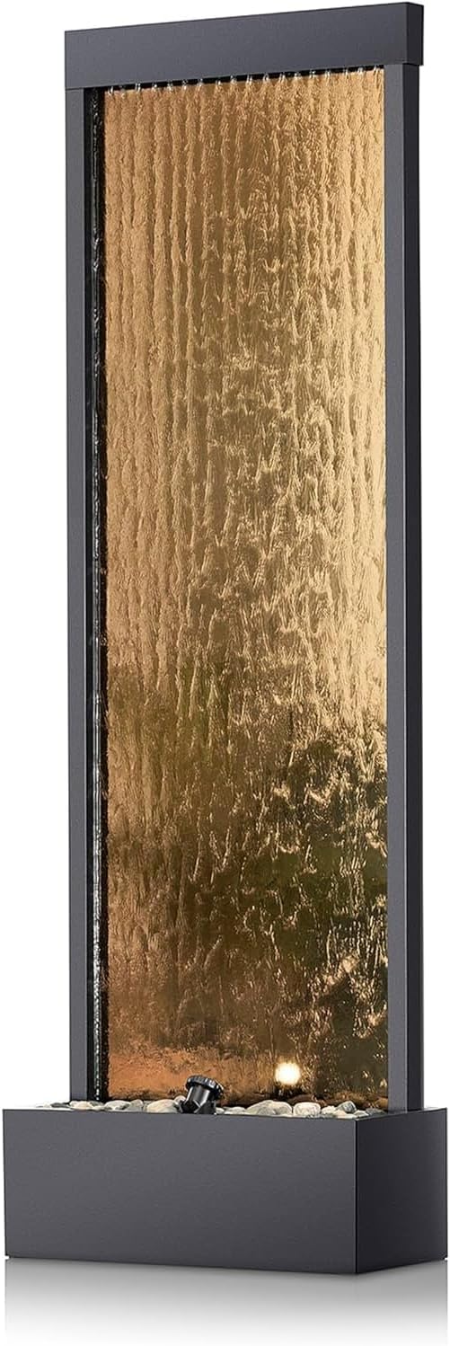 A mirror-floored waterfall fountain with stones and lights - suitable for offices, living rooms, terraces, entrances as a serene indoor/outdoor decoration - 48 inches (bronze color) N4