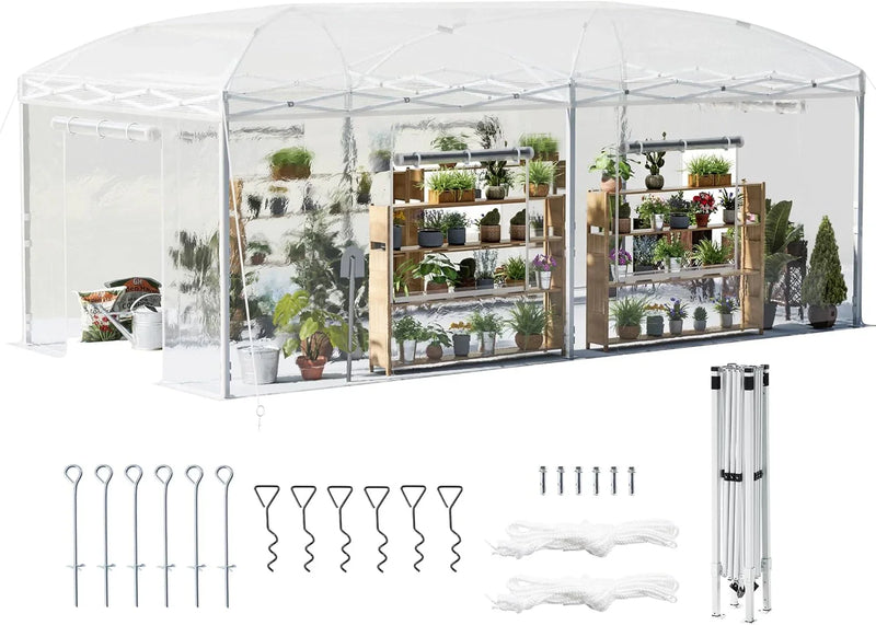 19.2×9.7×8.5 feet Outdoor upgraded retractable greenhouse with adjustable reinforced frame, portable walk-through greenhouse, equipped with 2 rollable zipped doors and mesh windows, PE shell, white J1