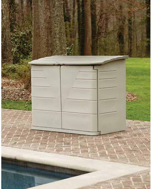 Poly resin outdoor storage shed, with floor (4.5 feet x 3 feet), weather-resistant, beige/brown, suitable for storing and organizing household/backyard/swimming pool chemicals/toys/garden tools/porch/terrace cushions.