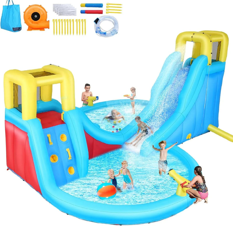 Inflatable Water Slide, 6 in 1 Outdoor Inflatable Water Park with Climbing, Basketball Rim, Splash Pool, Water Cannon, Blow up Water Slides for Kids Backyard Q5