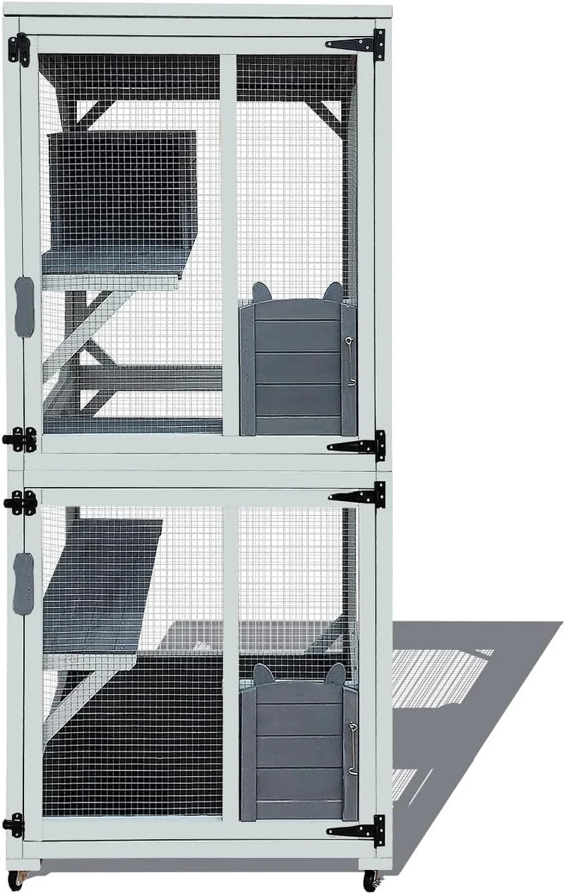 62.6-inch wooden outdoor cat house, large cat cage room, equipped with 7 platforms, 2 rest boxes and a rainproof roof, suitable for multiple pets to use. Step-in cat apartment shelter, white model X0