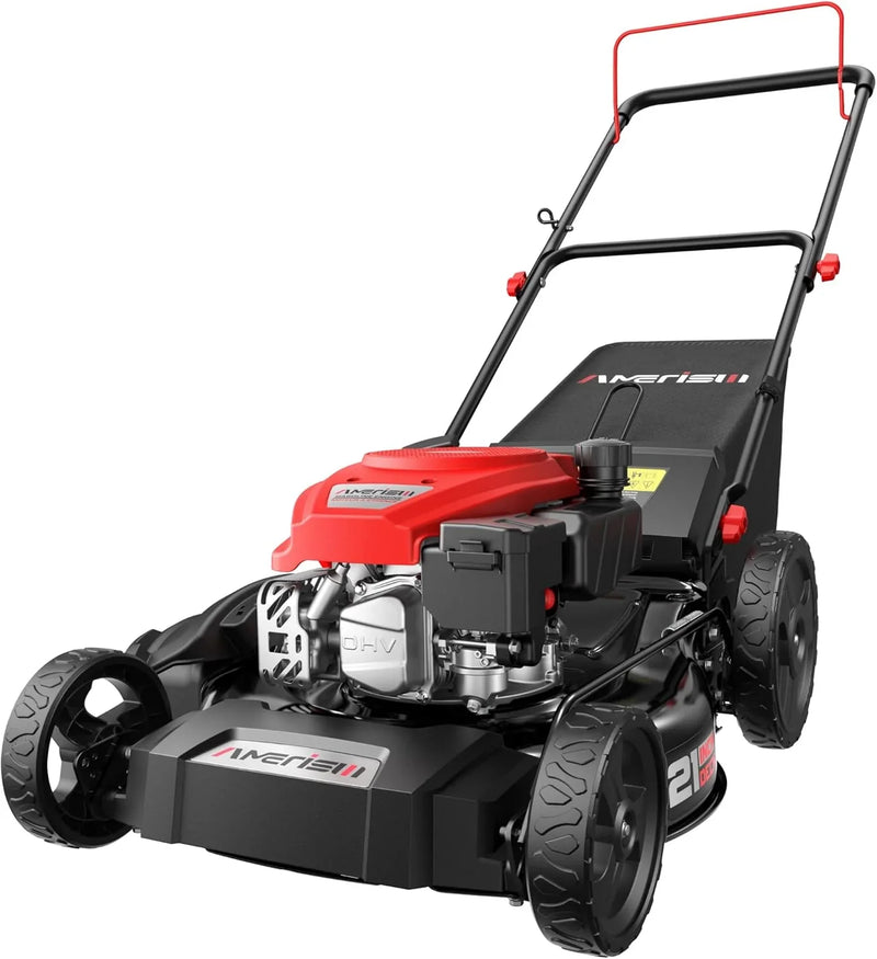 21" Steel Deck Gas Lawn Mower, Heavy-Duty 3-in-1 Push Mower, 144cc 4-Stroke Engine, 6-Position Height Adjustment, Large 1.4 Bushel Grass Catcher, Durable & Efficient for Yard & Garden E5