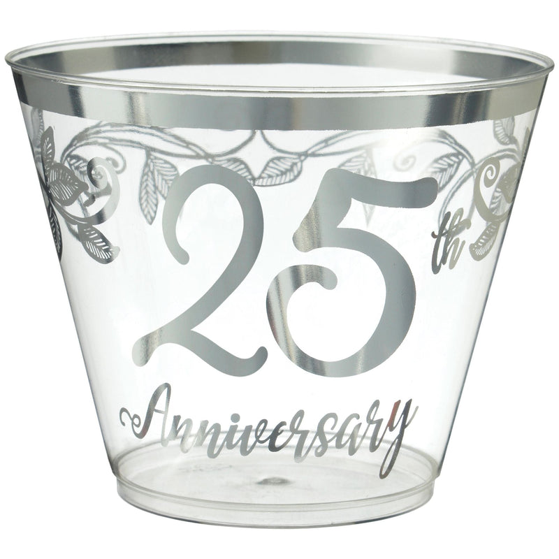 "25th Anniversary" Bordered Trimmed Plastic Reusable Tumbler Cups, Clear/Silver, 9-oz, 30-pk, for Anniversary Party V5