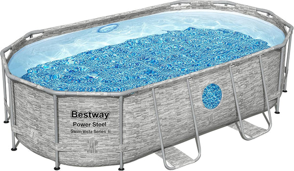 The robust steel swimming pool "Horizon Series II" - a 14 feet x 8 feet 2 inches x 39.5 inches outdoor above-ground pool package, equipped with a 530 liter/minute filtration pump, ladder and pool cover. M3