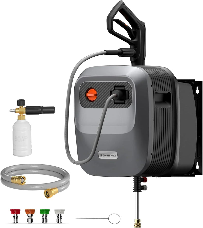 Pressure Washer G20 Pro, 2500 PSI 2.2 GPM, 180° Wall Mounted Power Washer, Auto-retract with 65FT Hose Reel, 5 Nozzles for Floor/Cars/Fences/Patios, Dark Silver F9
