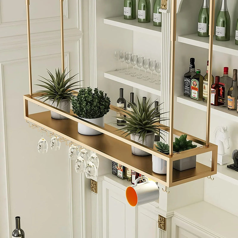 Wall Mounted Wine Rack for Bars & Restaurants Gold Metal Hanging Storage for Wine Bottles & Stem Glasses Perfect for Dining Room & Kitchen Decor Space Saving Design I0