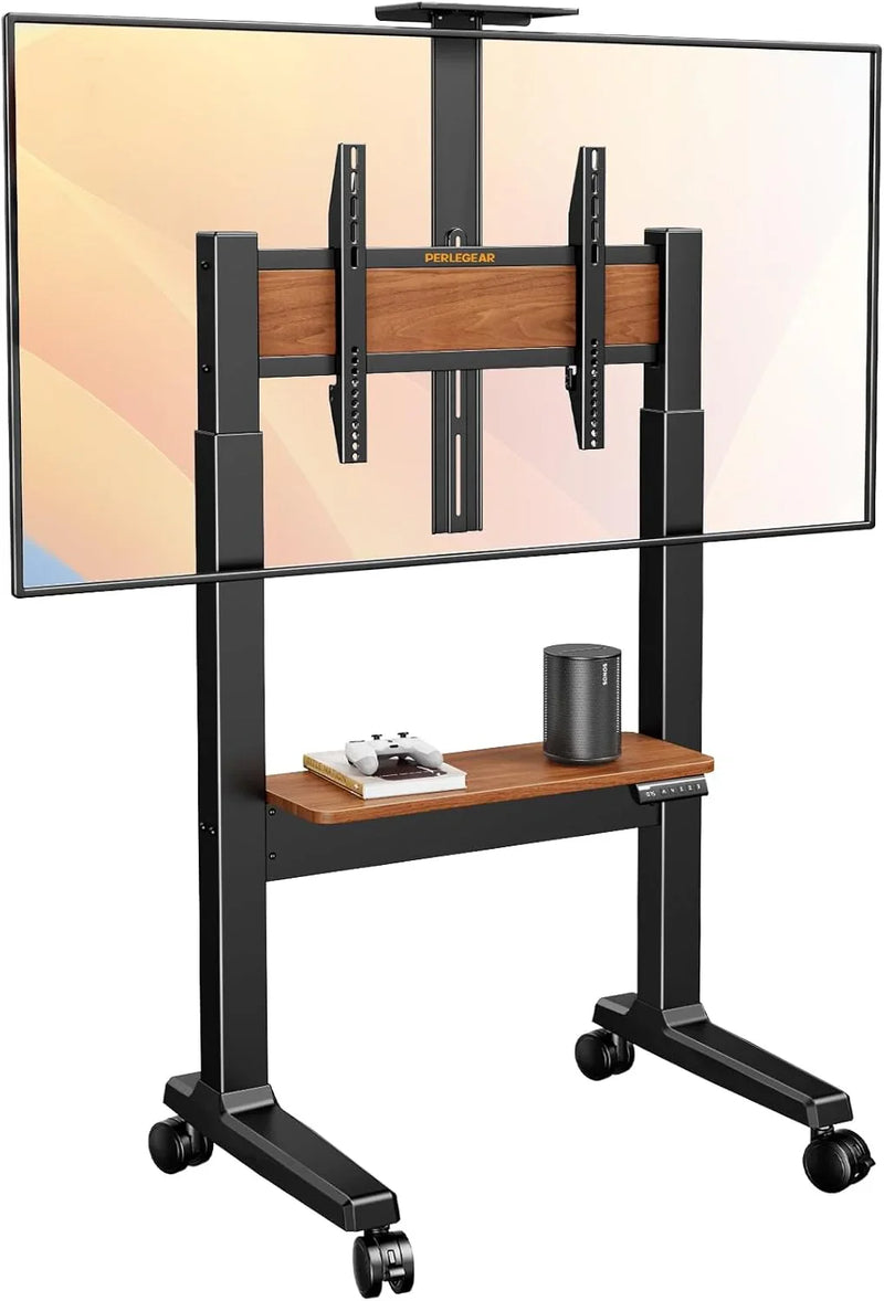 Motorized Mobile TV Stand on Wheels for 37–86 Inch TVs up to 154 lbs, Electric Height Adjustable Rolling TV Stand, VESA 200x200–600x400mm, Wooden Shelf & Panel, PGTVMC26B O7
