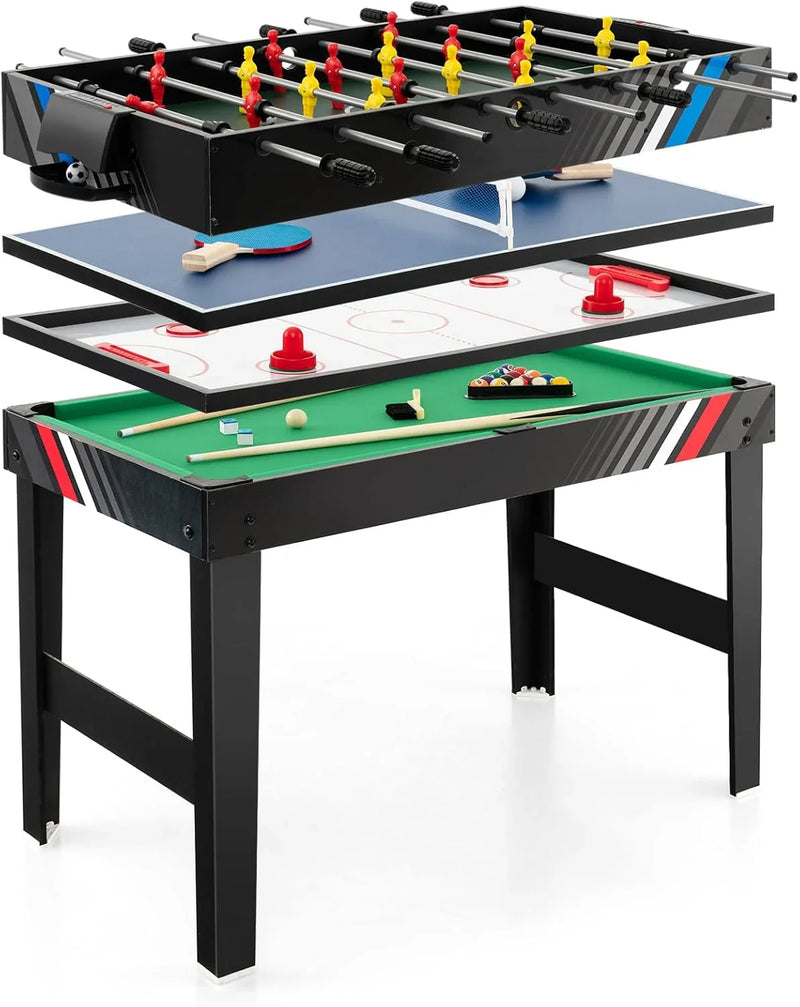 The multi-functional game table integrates a football table, a billiards table, an air curling table and a table tennis table. It is an ideal combination game table for a family game room. J3