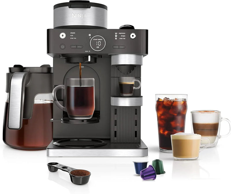Italian espresso machine and coffee-making system, featuring three espresso brewing modes, supporting single-portion coffee and Nespresso capsules, with a built-in frother, capable of making Italian espresso, cappuccino and latte. Black style. J3